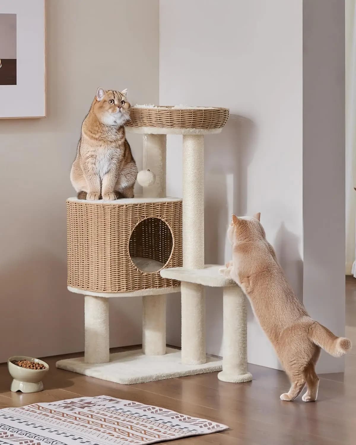 36" Rattan Cat Tree with XL Condo & Perch, Sisal Posts, Beige