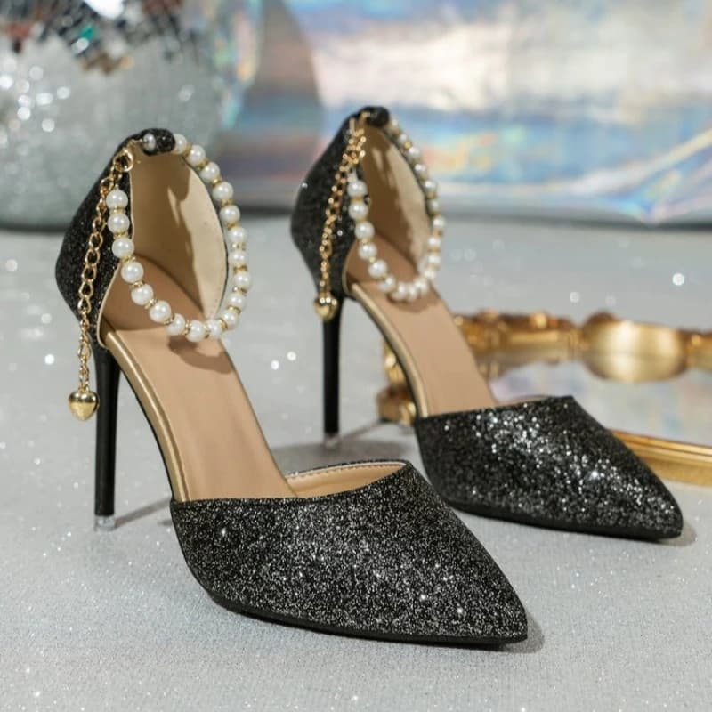 Super High Heels Gold Silver Glitter Pumps Women Spring 2026 Elegant Ladies Pearls Ankle Strap Stiletto Heel Wedding Shoes Woman