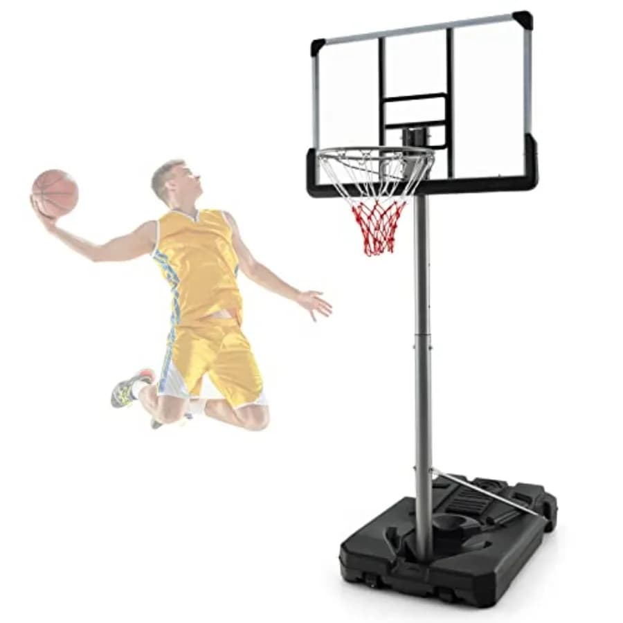 Outdoor portable basketball hoop for poolside use, shatterproof board, height adjustable 64''-79'', waterproof stand with filla
