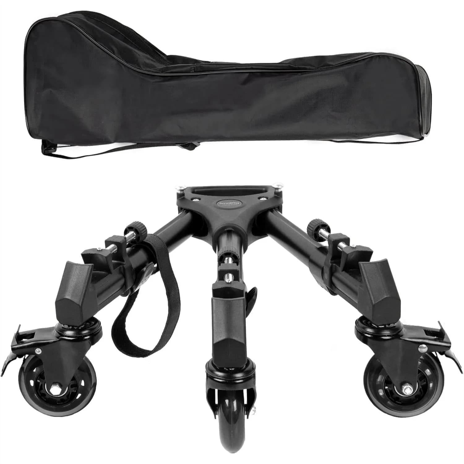 Carrello treppiede universale con ruote resistenti e gambe regolabili, perfetto per un movimento fluido della telecamera