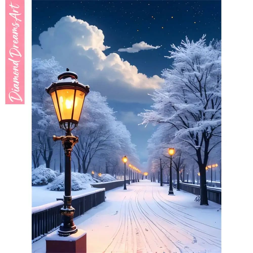 Kit Completo Pittura Diamante 5D Fai da Te, Paesaggio Invernale con Strada, Mosaico con Diamanti Quadrati o Rotondi, Decorazione per la Casa, Senza Cornice