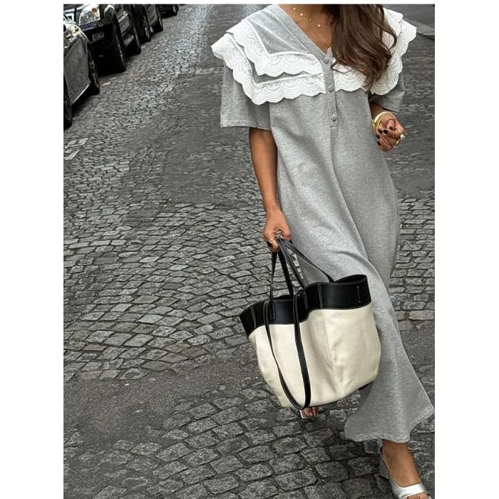 Elegante Abito Estivo da Donna con Pizzo e Maniche Corte, Nuovo Modello Coreano con Cintura in Vita e Gonna Tubolare Dritta, Vestito Midi