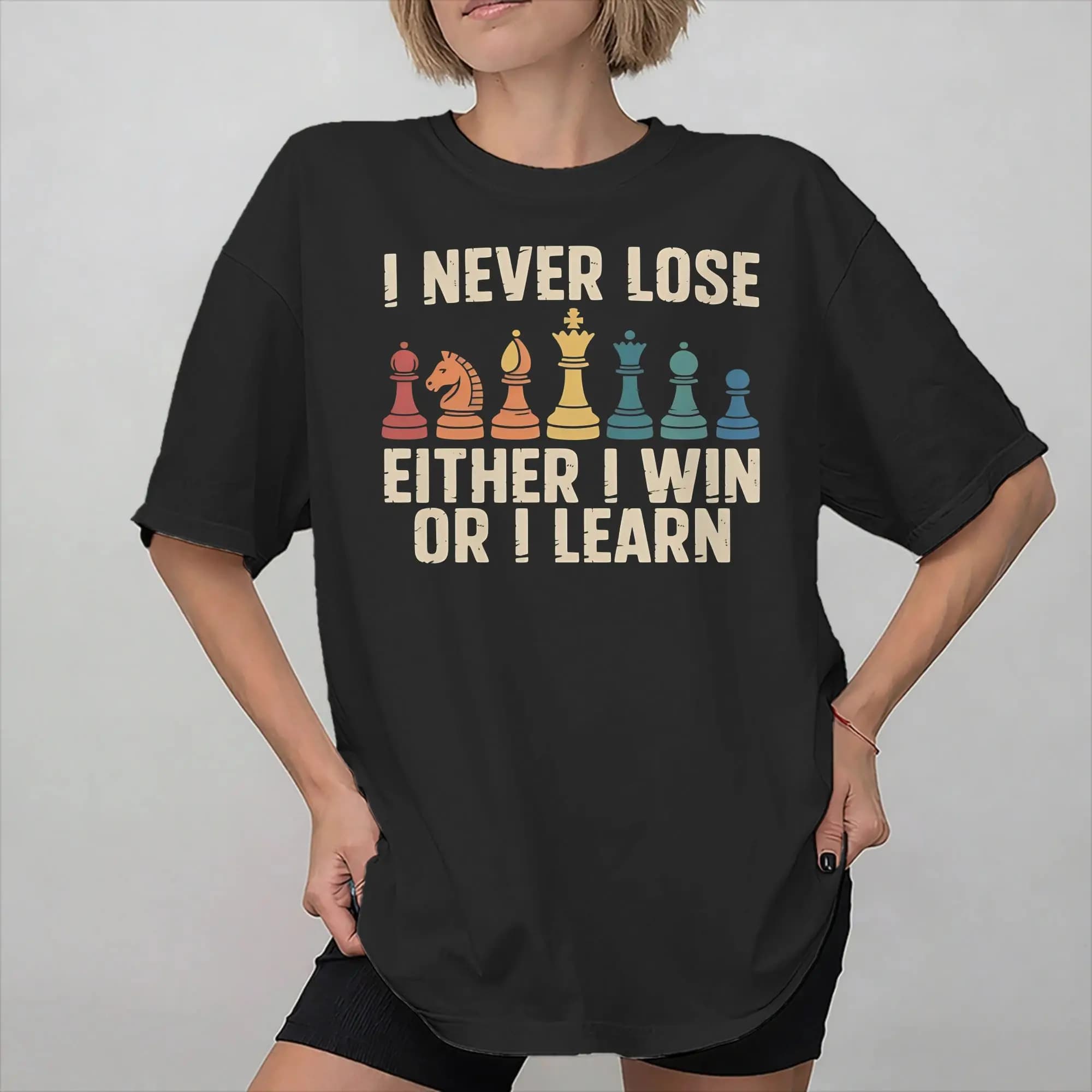 Maglietta per giocatori di scacchi, gioco da tavolo, I Never Lose Either Win or Learn, per uomo e donna, idea regalo, magliette in cotone