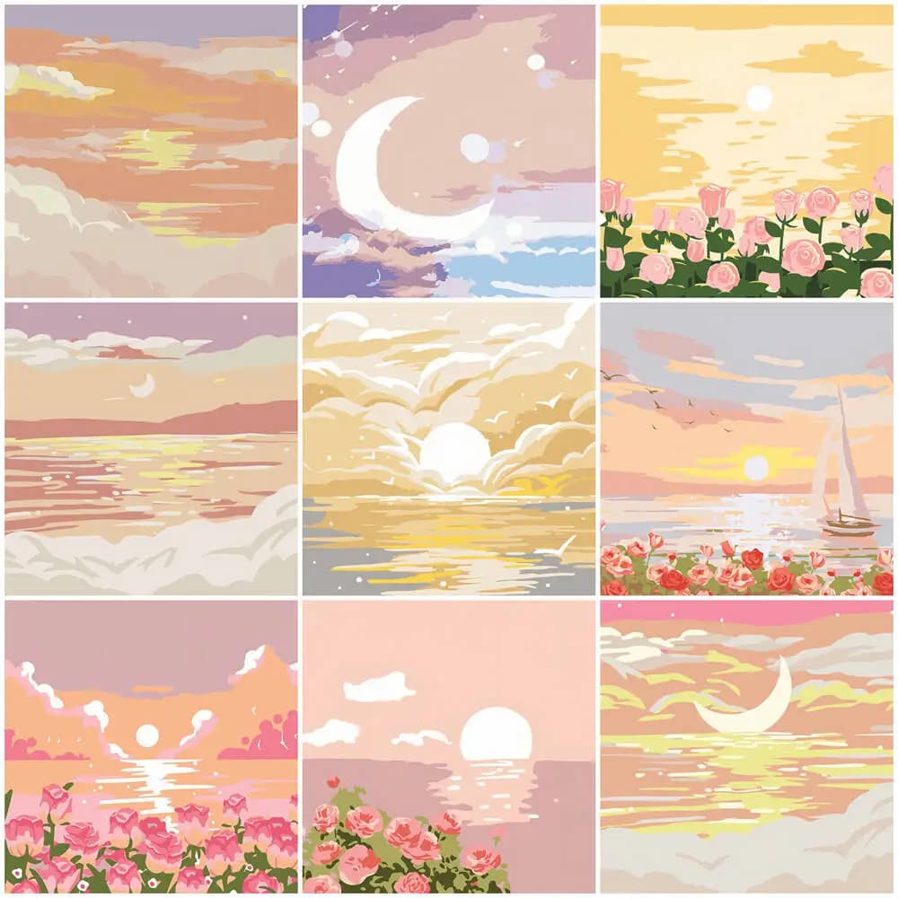 DIY Paint By Number Adult Kit Moon Sea Sunset Digital Oil Painting Scenery Drawing On Canvas Handpainted Gift Home Decoration