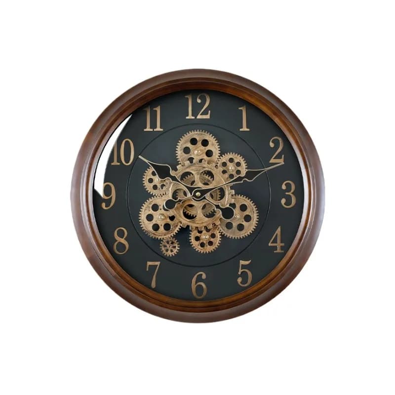 Orologio da parete in legno massello, orologio al quarzo grande con imitazione di ingranaggi meccanici per soggiorno, orologio da parete silenzioso