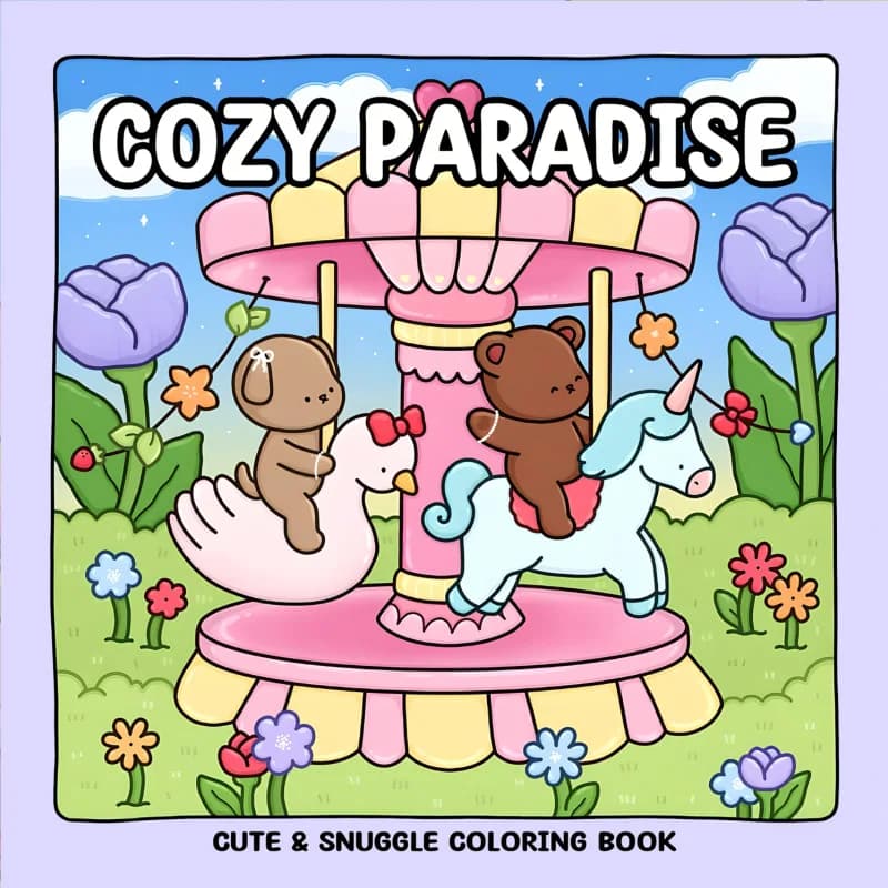 Cozy Paradise Coloring Book Kawaii Carousel Bear Unicorn Swan Floral Garden Stress Relief Drawing Book