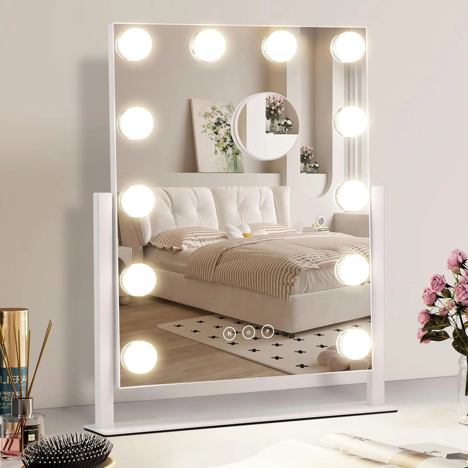 Vanity Mirror Makeup Mirror with Lights 12 Dimmable LED Bulbs Desk Lighted Makeup Mirror Touch Screen Control 10X Magnification