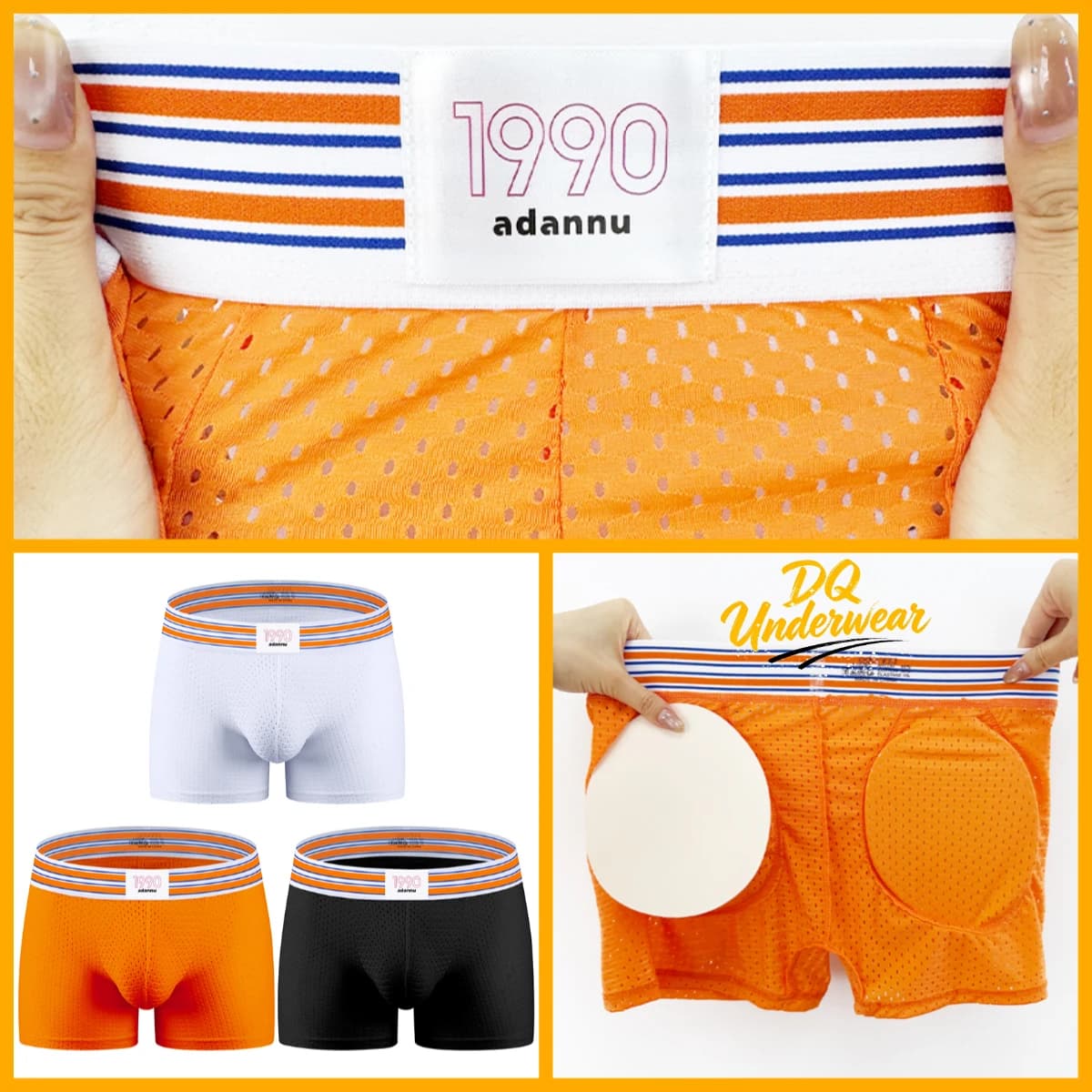 3Pcs Striped Waistband Men Mesh Underwear Removable Butt Pads Sport Male Boxer Briefs AD7531