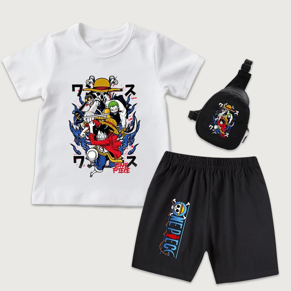 One Piece Characters Anime Print Kids Cotton T Shirt Shorts Set with Mini Chest Bag 3 Pieces Casual Summer Outfit for Boys Girls