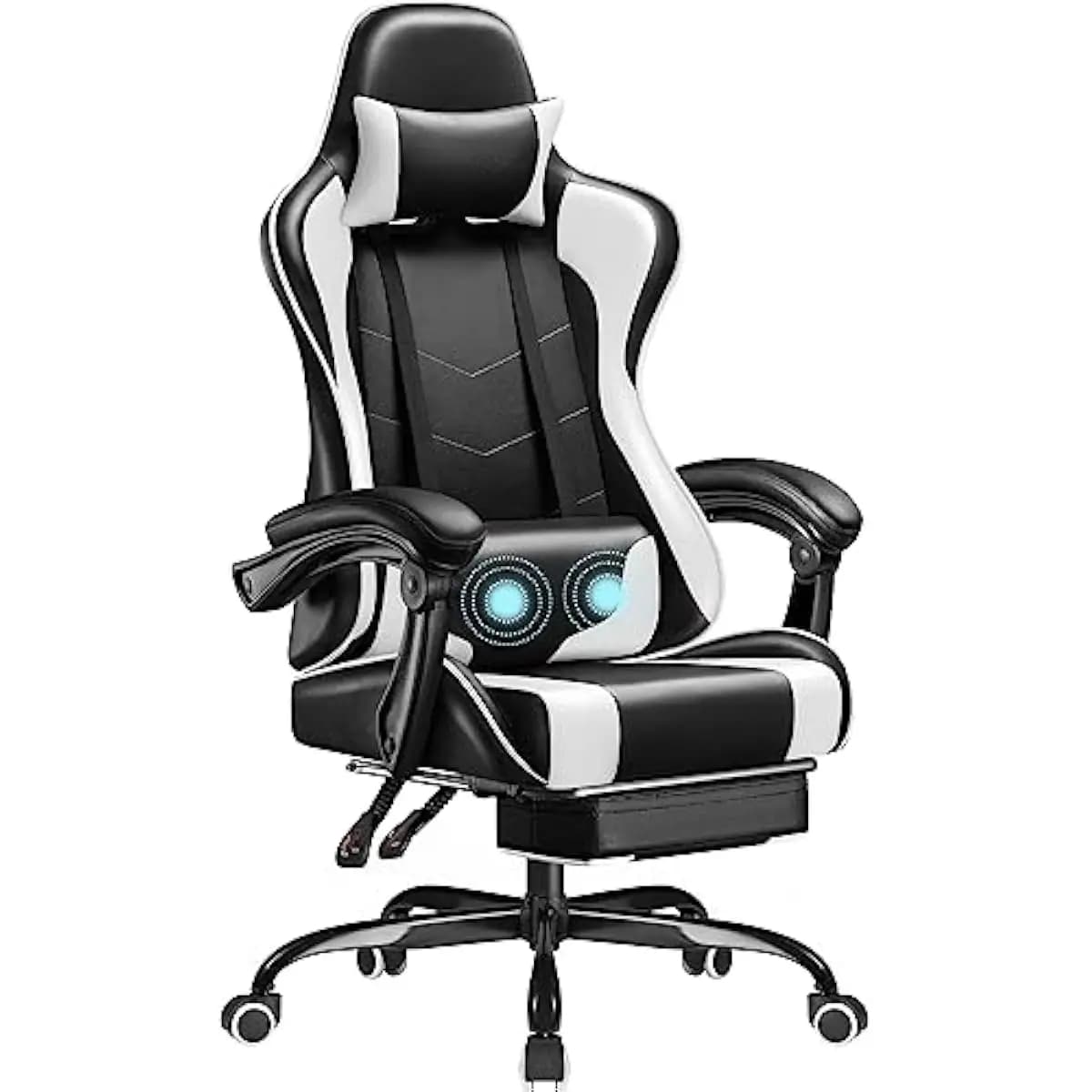 Gaming Chair with Adjustable Height Swivel Seat Reclining Backrest Up to 135 Degrees Integrated Footrest Lumbar Massage Pillow E