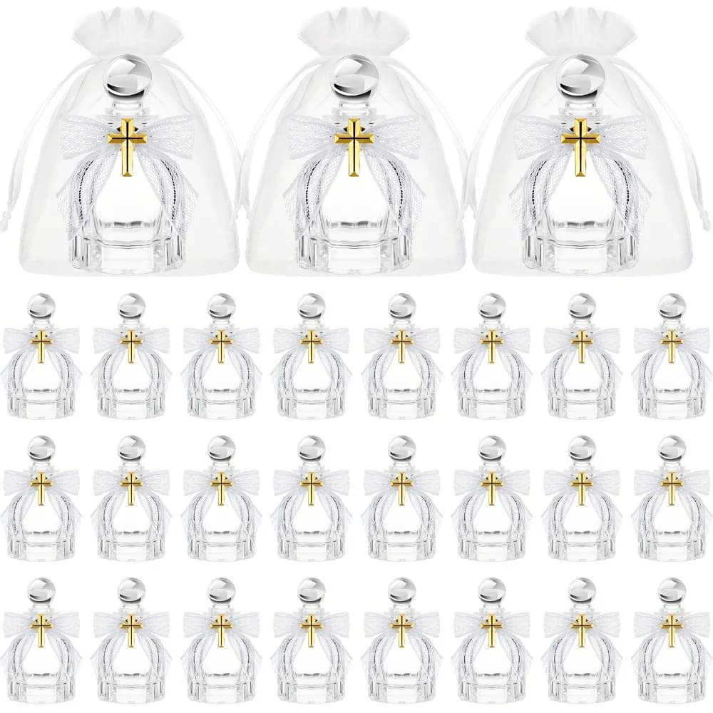 Bottiglie per Acqua Santa in Vetro, Bomboniere Cattoliche per Battesimo, Contenitori d'Acqua Cristiani con Croce, Sacchetti in Organza, Fiocco in Pizzo e Corda per Regali di Santa Comunione, Bomboniere per Matrimoni e Battesimi in Chiesa (Bianco, Set da 24), Cerimonia Religiosa, Ricordo Sacro, Raffinato