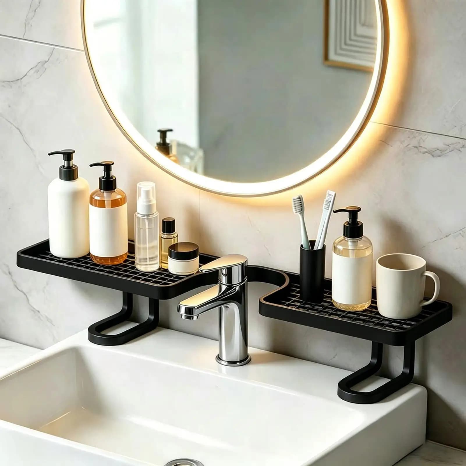 Faucet Shelf for Bathroom Sink 19.69 Inch U Shape No-Drill Over The Bathroom Sink Organizer for Toothbrushes Cups Cosmetics