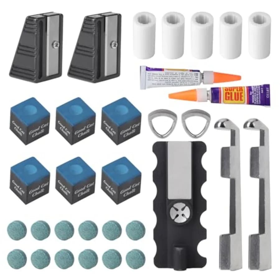 30 pcs Pool Cue Repair Kit 1 5in1 Pool Cue Tips Repair Tool 2 Pool Cue Tip Clamp 12 Billiard Cue Tips 5 Ferrules 6 Chalk Cubes