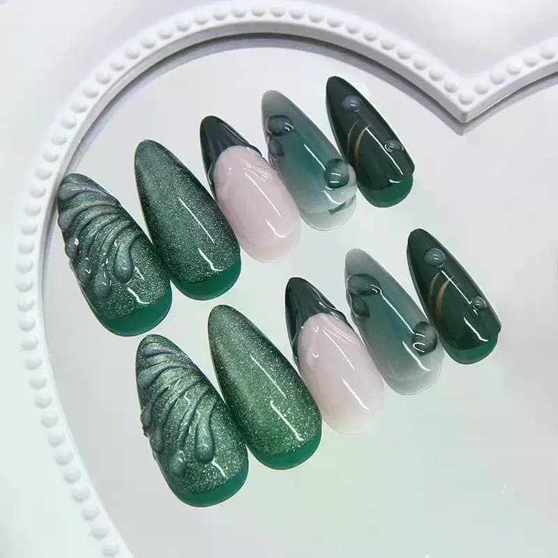 /JCS/Retro Green Cat Eye Press On Nails 24pcs French Style Fake Nails Reusable Nail Tips For Women Nail Art Accessories Fashion