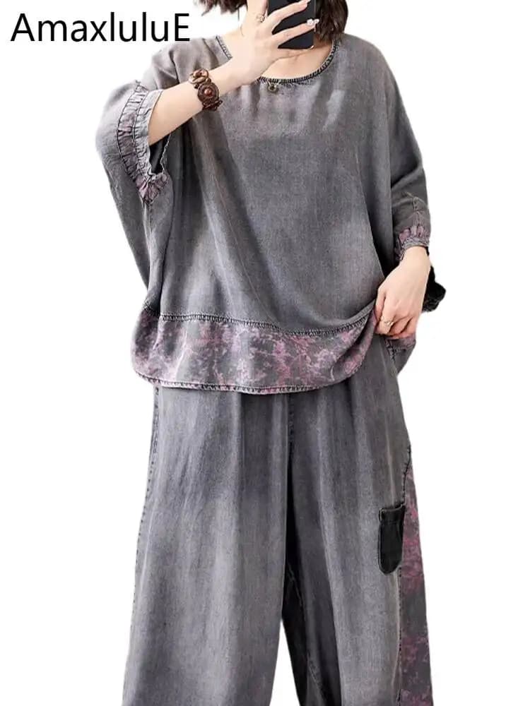 Amax LuluE Completi Estivi da Donna di Lusso in Denim, Set 2 Pezzi, Top Vintage, T-shirt Stampate, Abiti alla Moda, Pantaloni Casual, Jeans Larghi