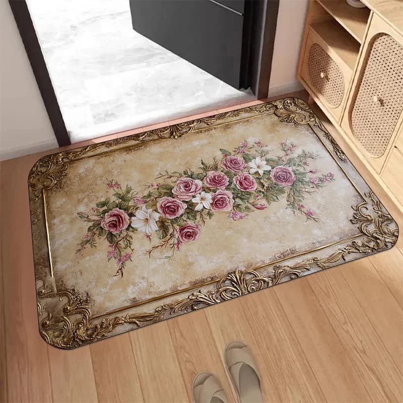 Tappetino Vintage Floreale in Flanella Lavabile Antiscivolo per Bagno, Cucina, Lavanderia, Camera da Letto, Soggiorno, Ingresso Interno a Pelo Basso
