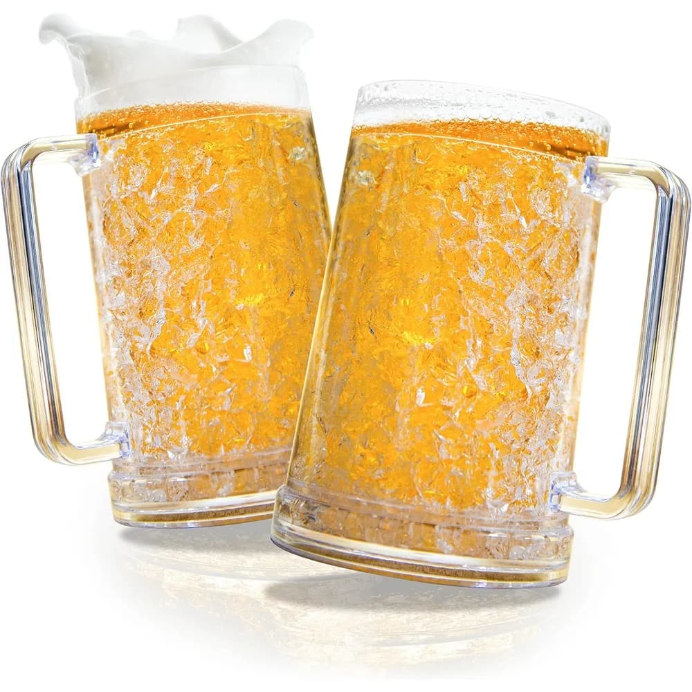 Tazze da birra congelate per congelatore, set di 2 tazze da birra trasparenti a doppia parete con manici da 16 once