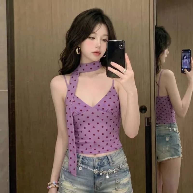 Camicetta Estiva da Donna con Scollo a V e Pois alla Francese, Stile Sexy e Trendy, Corta Senza Maniche con Vita Stretta