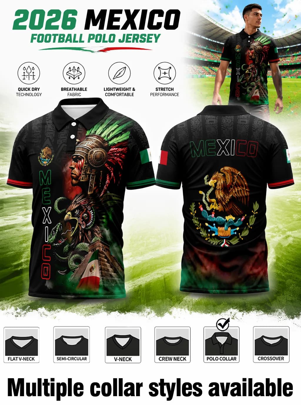 2026 Mexico cultural‑themed football polo jersey, Aztec warrior and national emblem print, stretch quick‑dry sport fabric