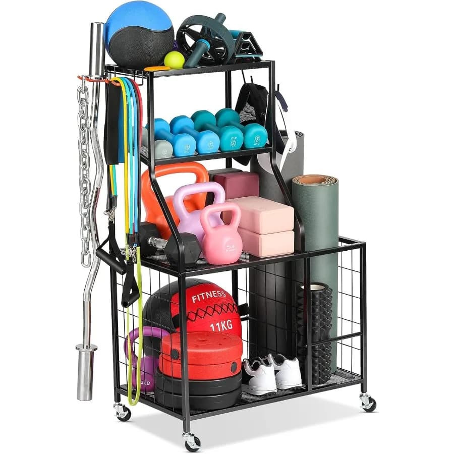 Home Gym Weight Rack with Wheels and Feet Leveling for Manubri, Kettlebell, Resistance Faxes, Black Steel, Exercise Equipment