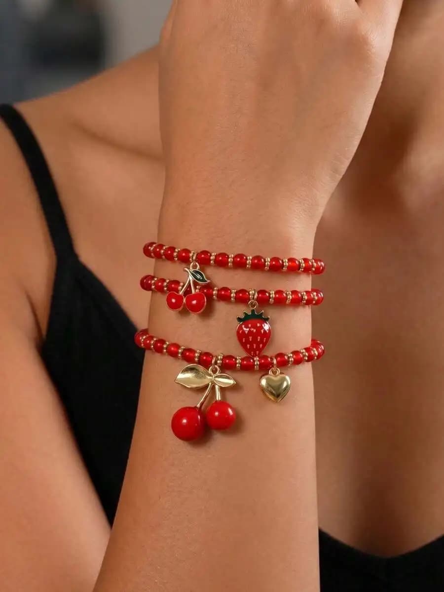 3pcs Versatile Red ABS Beaded Necklace With Cherry, Strawberry, Heart Pendant Bracelet Set, Suitable For Women's Daily And Vacat