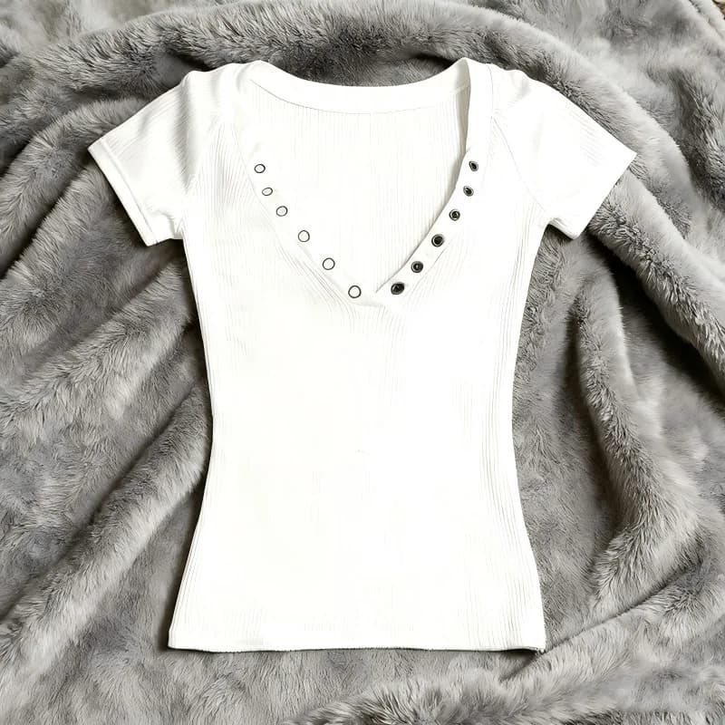 T-shirt sexy a maniche corte con scollo a V profondo, stile europeo e americano, tinta unita, slim fit, casual, per ragazze.