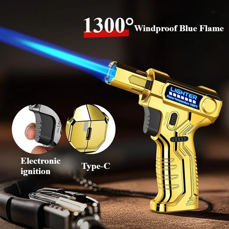 Accendino antivento a carica diretta ricaricabile USB di tipo C, strumento da uomo per accendino per barbecue a forma di pistola per sigari con torcia a gas ad alta potenza per esterni