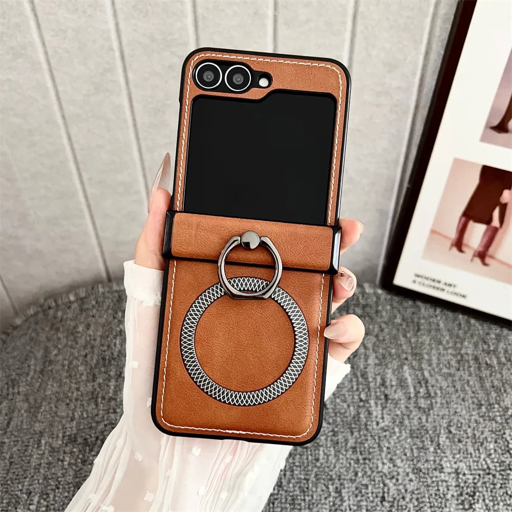 Magsafe Magnetic Phone Case with Leather Ring Support for Samsung Galaxy Z Flip 7 6 5 4 3 Flip7 FE Flip6 Wireless Charging Cover
