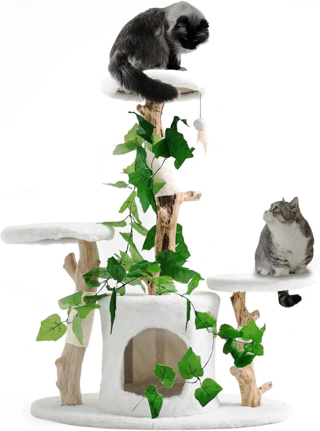 Albero per Gatti da 96 cm in Vero Legno con Rami Naturali, Cuccia per Gatti da Interno, Arredamento Moderno per Gatti con Sisal