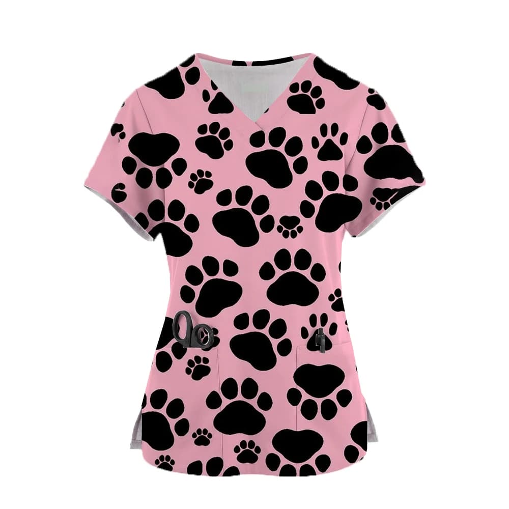 T-shirt da donna stampa di cartoni animati nuove uniformi da lavoro chirurgiche con scollo a v uniforme veterinaria top tascabile abbigliamento con stampa di zampe di cane