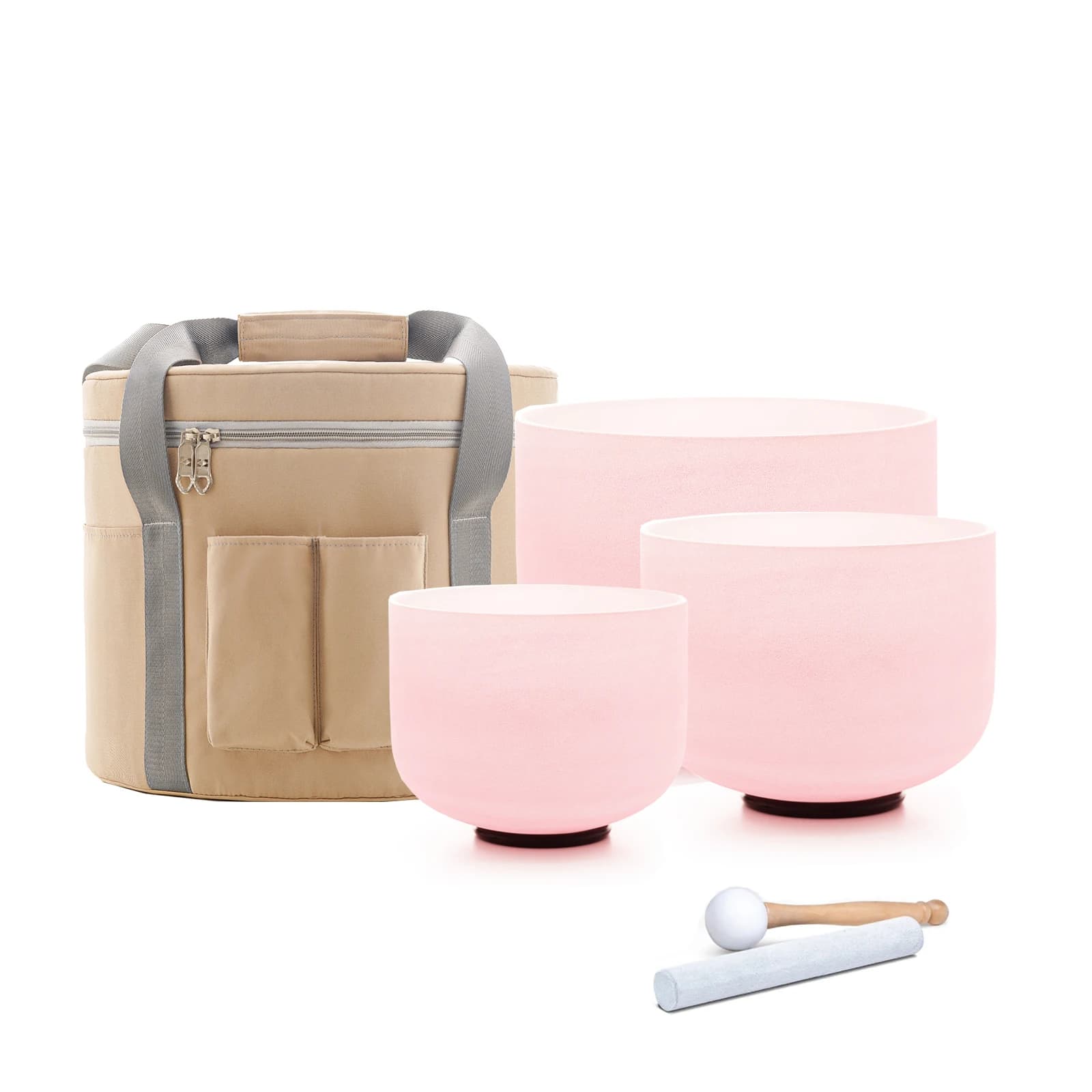 Hye-eun 3pcs Pink Frosted Quartz Crystal Singing Bowl Chakra Set for Sound Healing Keep Balance with 12" Carry Bag