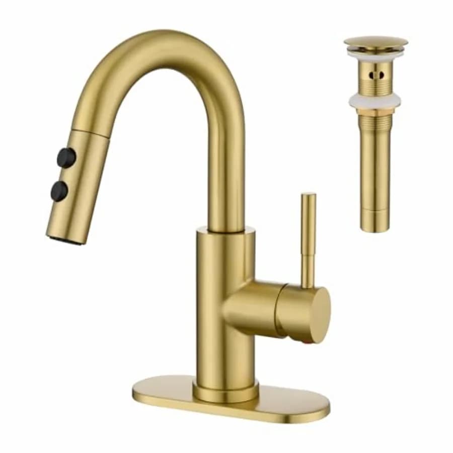 Rubinetto per lavabo bagno con doccetta estraibile, monocomando, con scarico a scomparsa, per lavanderia/lavabo a 1 o 3 fori