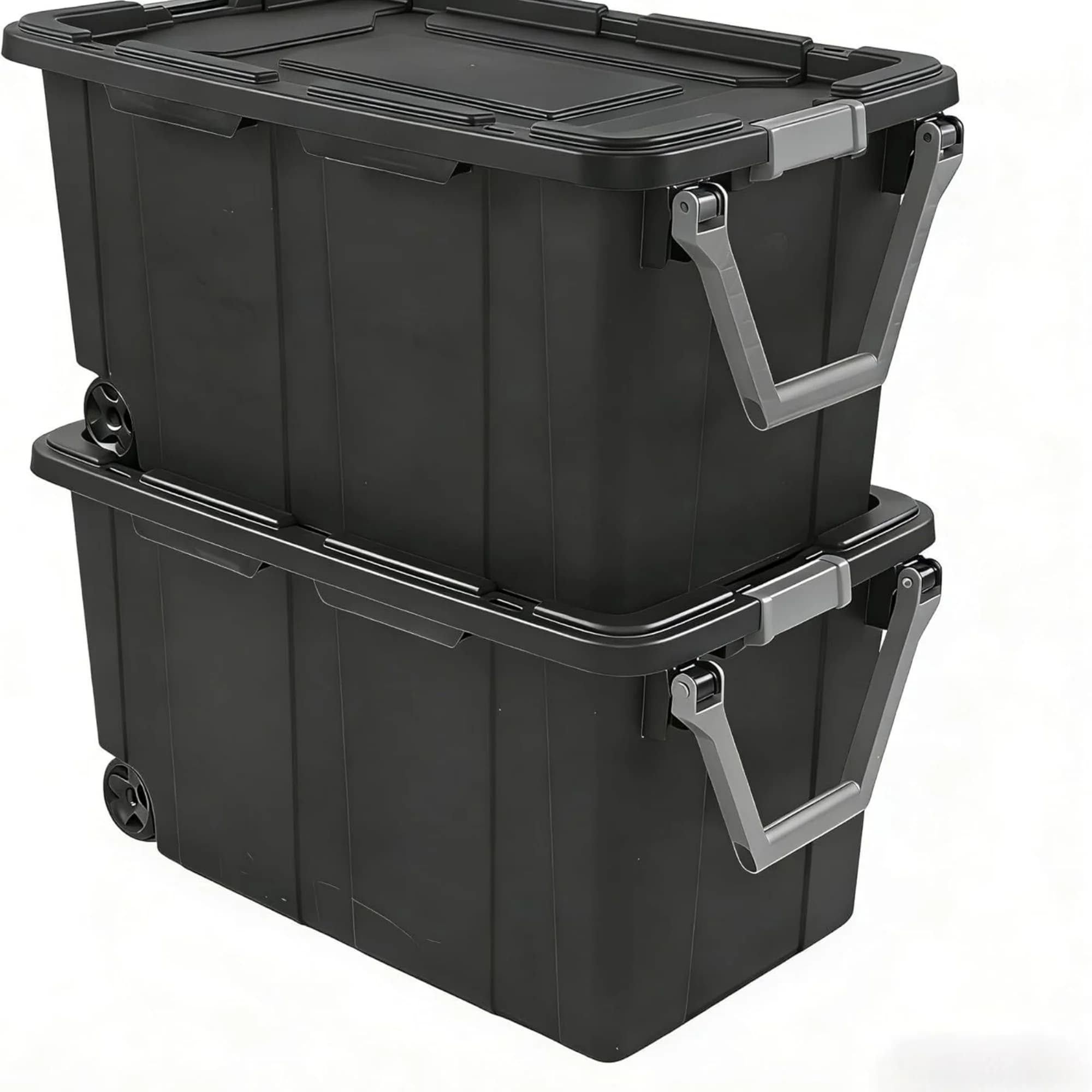 40-gallon plastic storage boxes with snap-on lids and handles, dark gray, 2-pack