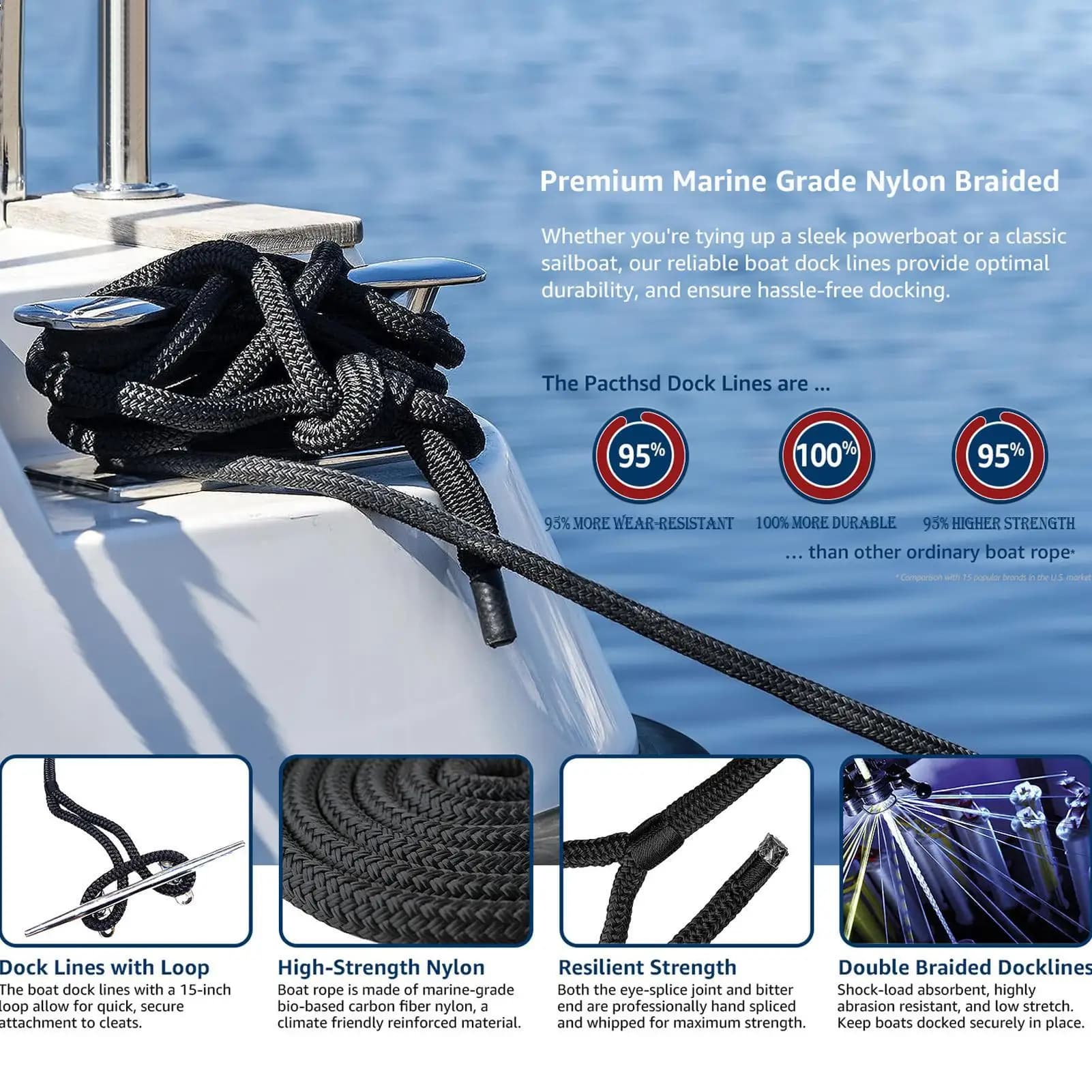 Linee per barche per aggancio Cavo resistente 5/8 pollici X 15FT Corde per dock per barche Per la pesca Vela Ormeggio Attività marine