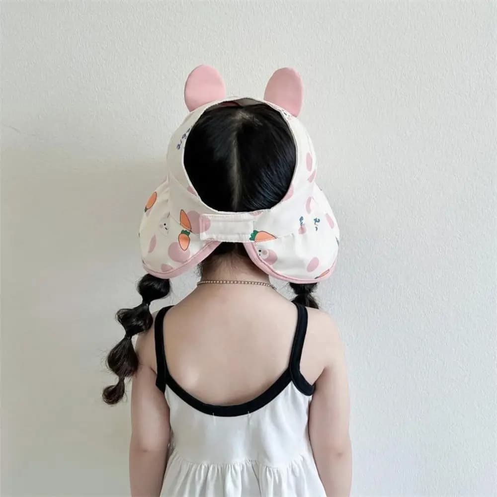 Cappello da Sole per Bambini con Orecchie da Coniglio, Visiera Parasole in Poliestere con Parte Superiore Aperta, Stampa Cartoon, Cordino Antivento, Protezione Solare per Bambini