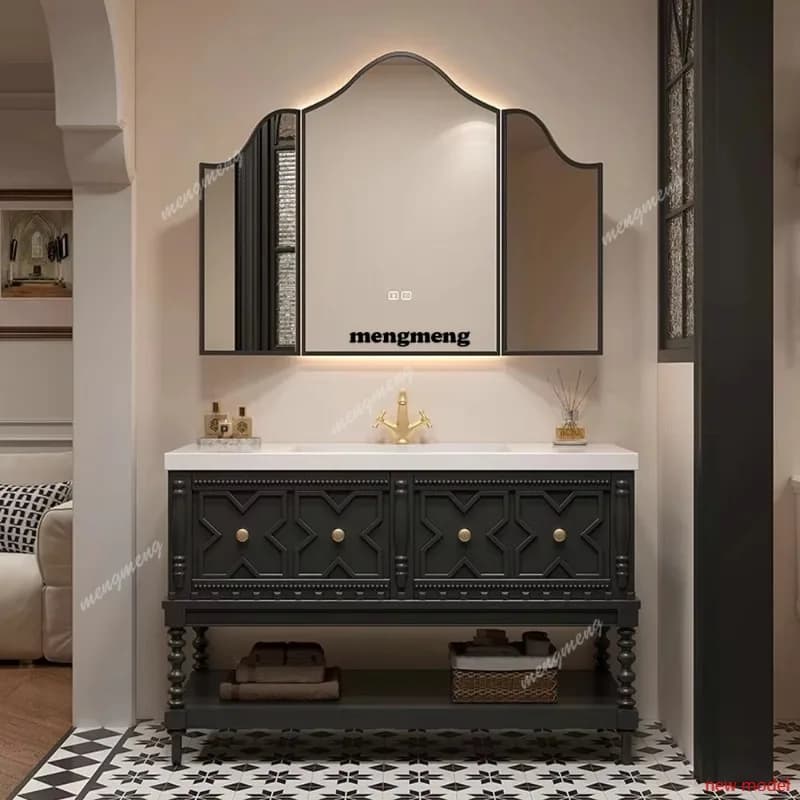 Mobile bagno F182 MAEBOW in legno massello con lavabo integrato in pietra sinterizzata, vano portaoggetti per articoli da toeletta, specchio intelligente e personalizzazione su misura