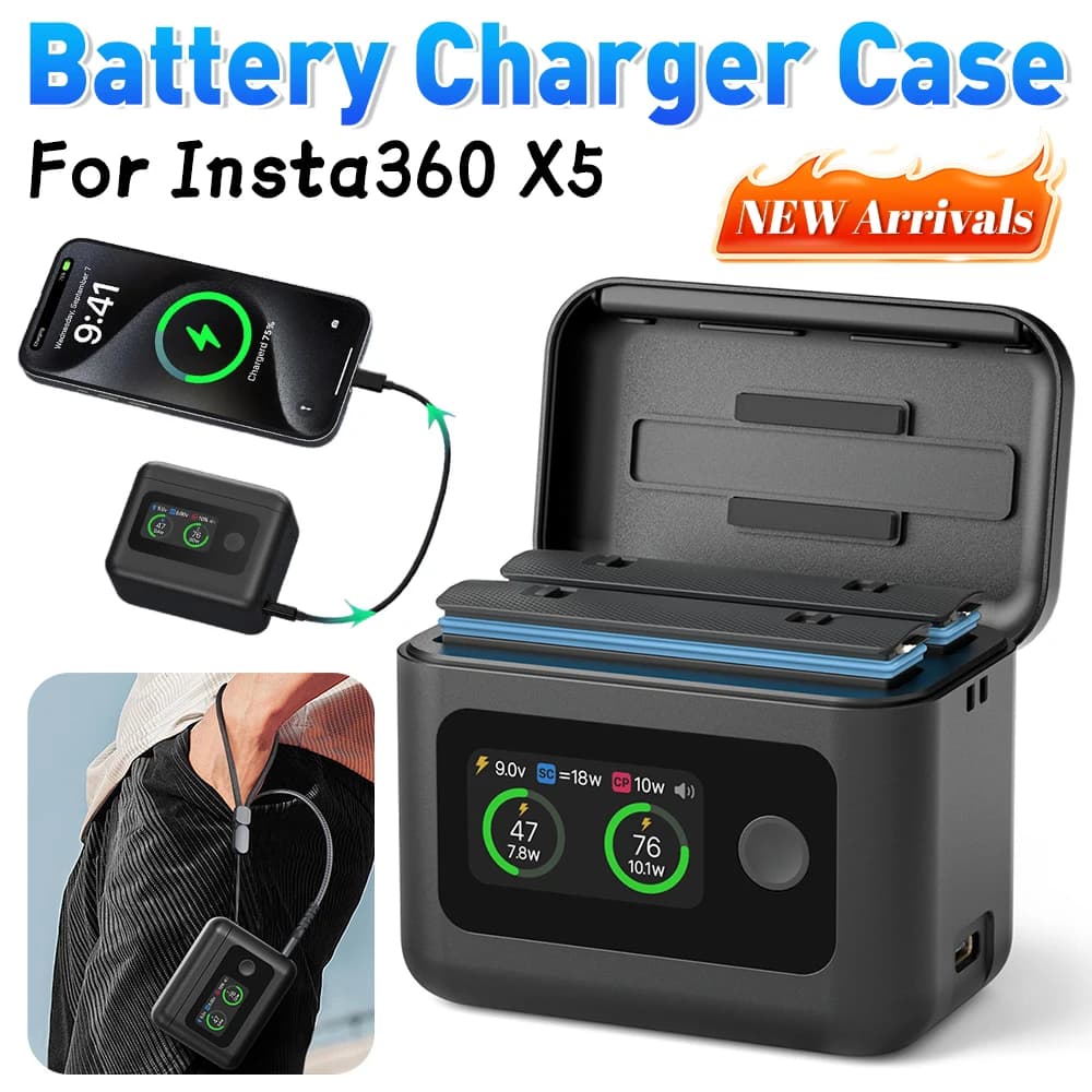 Per Insta360 X5 Custodia per caricabatteria Display LCD Scatola di ricarica per batteria portatile Accumulatori e caricabatterie di riserva Accessori di ricarica per batteria portatili