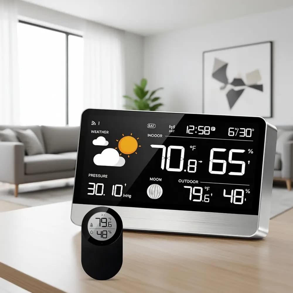 Wireless Thermometer for Interior and Exterior with Atomic Digital Clock, 8.8 Inch Display, Domestic Weather Station, Weather Forecast, 5 Level Lighting