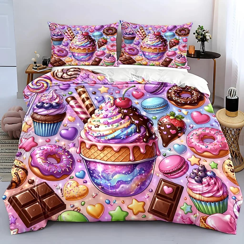 3Pc Cartoon Fantasy Dessert Ice Cream Duvet Cover Set, Three-Piece Bedding Set (1*Duvet Cover + 2*Pillowcases), Suitable for All Seasons, Machine Washable, with Invisible Zipper, Large Double Bed Cover, Suitable for Home, Dormitory, Master Bedroom, Guest Room, Macaron Donut Candy-Themed Bedding Set, Cute and Playful Ins-Style Bedroom Bedding Set, Cross-Border Bestseller, Soft and Skin-Friendly Cartoon Dessert Bedding Set