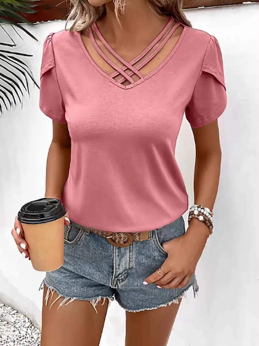 T-shirt da donna primavera estate rosa con scollo a V incrociato e maniche corte a sbuffo, top casual per San Valentino e uso quotidiano