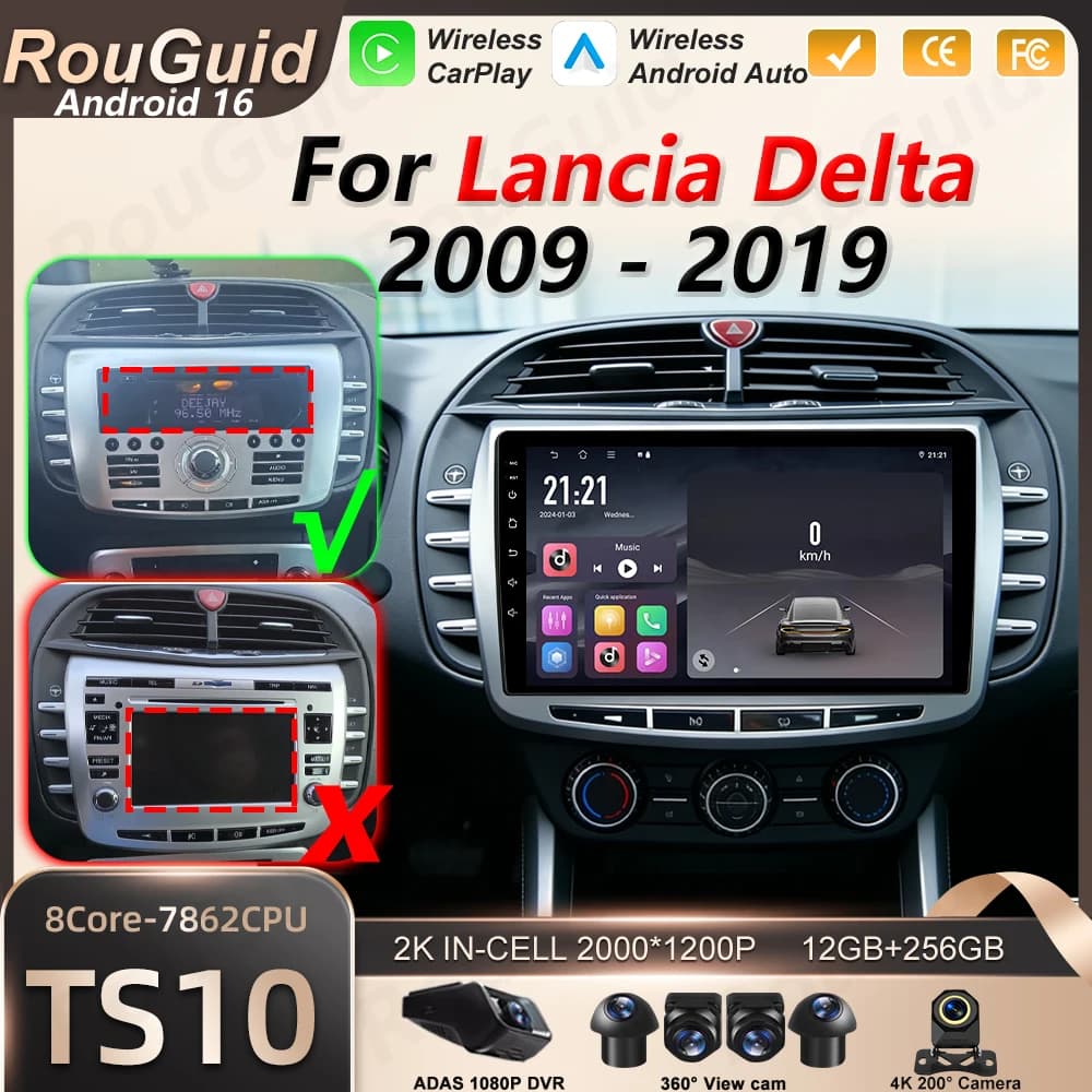Autoradio Android 16 per Lancia Delta 2009 - 2019, Navigatore GPS, Lettore Multimediale DVD 2k, Bluetooth, Touch Screen, Wi-Fi 5G, RSD