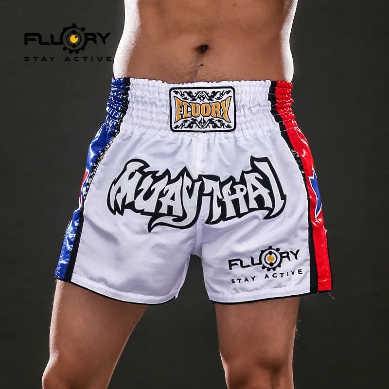 Fluory Boxing short muay thai fightwear stella blu e rossa pantaloncini muay thai personalizzati uomo donna bambino Colore a contrasto
