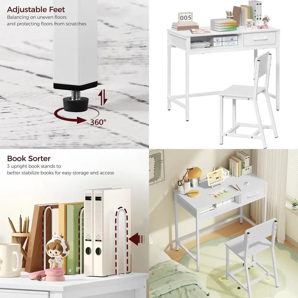 Scrivania e sedia per bambini, tavolo da scrittura in legno con organizer per libri e cassetto in tessuto, bianco