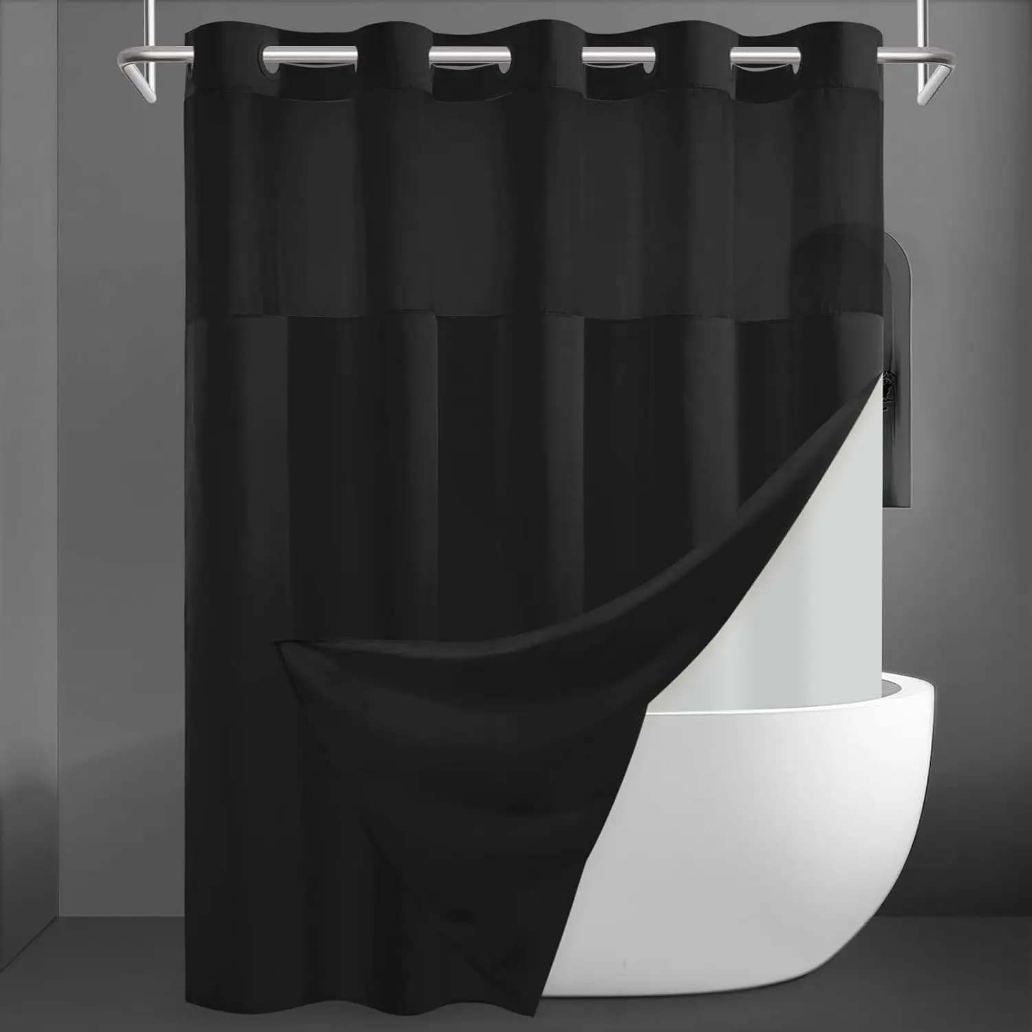 Tenda da Doccia Texturizzata Senza Ganci SORTTO con Rivestimento a Scatto - Esterno in Tessuto Nero e Interno Impermeabile, Stile Hotel con Finestra Superiore Trasparente, 71x74 Pollici