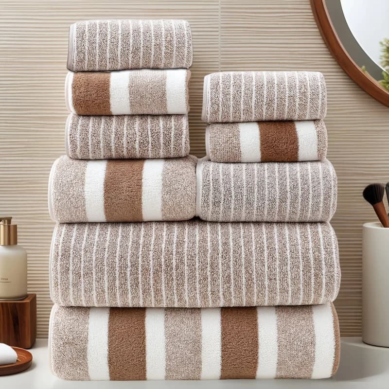 Set di 9 Asciugamani a Righe: 5 Asciugamani Viso, 2 Asciugamani Mani, 2 Asciugamani Bagno Super Assorbenti ad Asciugatura Rapida per Hotel, Sport, Viaggi, Fitness