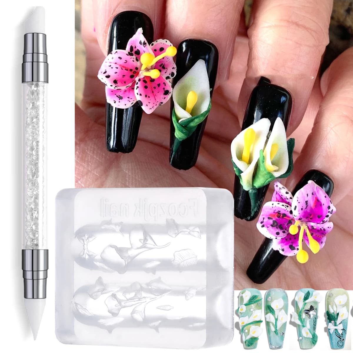 Nail art print Calla Lily, with cutting pen, 3D soft silicone mold to create floral nail designs, for beginners and professionals of nail art.