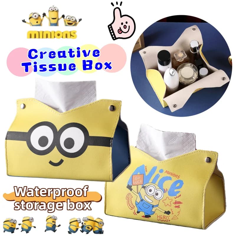 Nuovo Porta Fazzoletti in Pelle di Alta Qualità con Design Minions, Scatola Porta Fazzoletti di Lusso per Soggiorno, Contenitore Impermeabile per Fazzoletti e Salviette