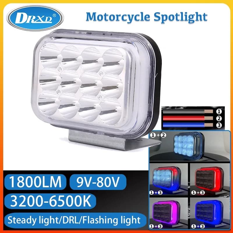 Fari moto a LED 1800LM DC 9-80V 18W Faretti ausiliari 6500K Luce lampeggiante impermeabile per scooter Giorno piovoso