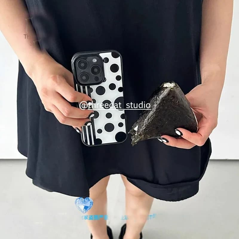 Cover per iPhone a Righe Verticali con Pois Neri Grandi e Piccoli per iPhone 17 16 15 14 13 12 11 Pro Max Plus 17air con Protezione Anti-Caduta e Colla