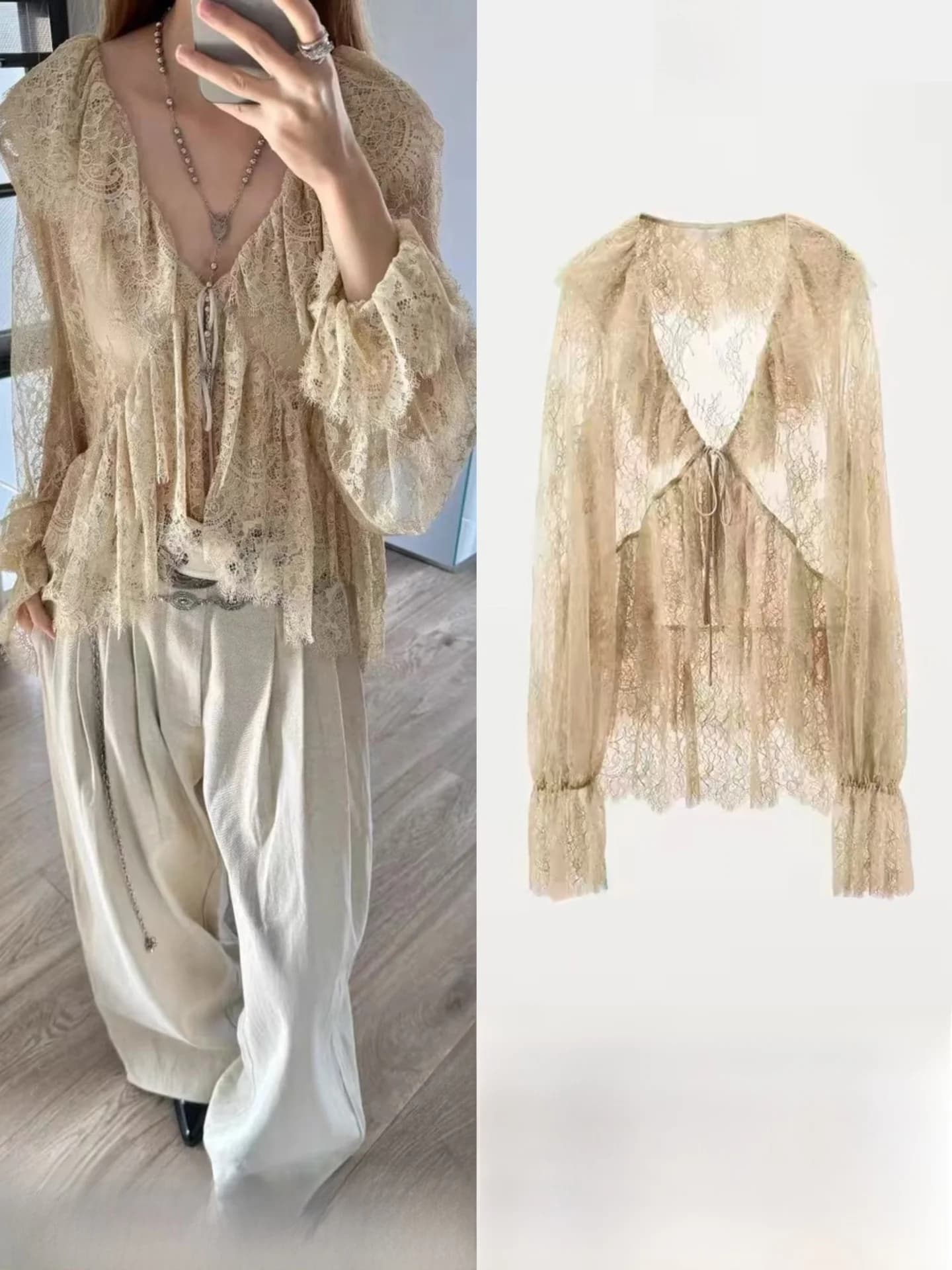 Limited Edition Lace Trim Knot Design Shirt Spring Summer New Arrival Loose Fit Long Sleeve V Neck Girl's Shirt